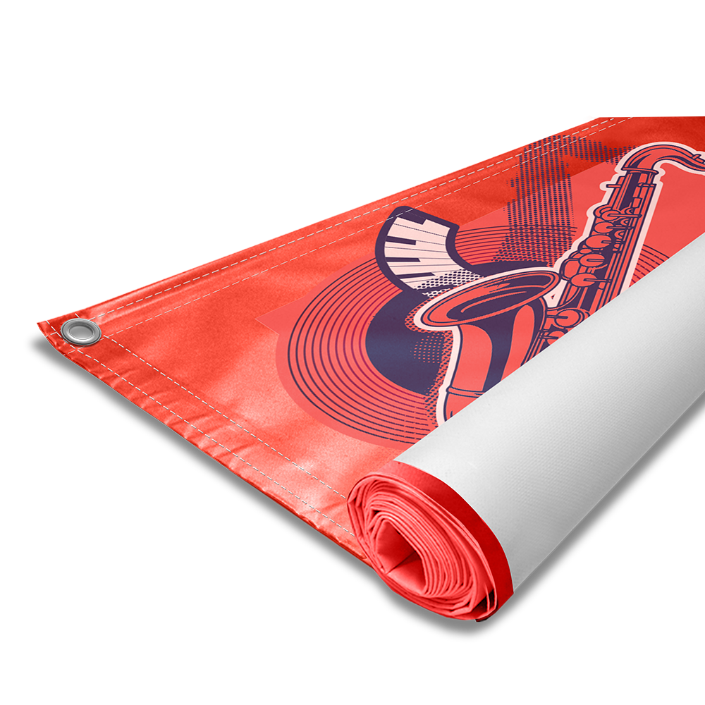 Red, black and yellow vinyl banner with metal grommets, representing Impress banners and flags