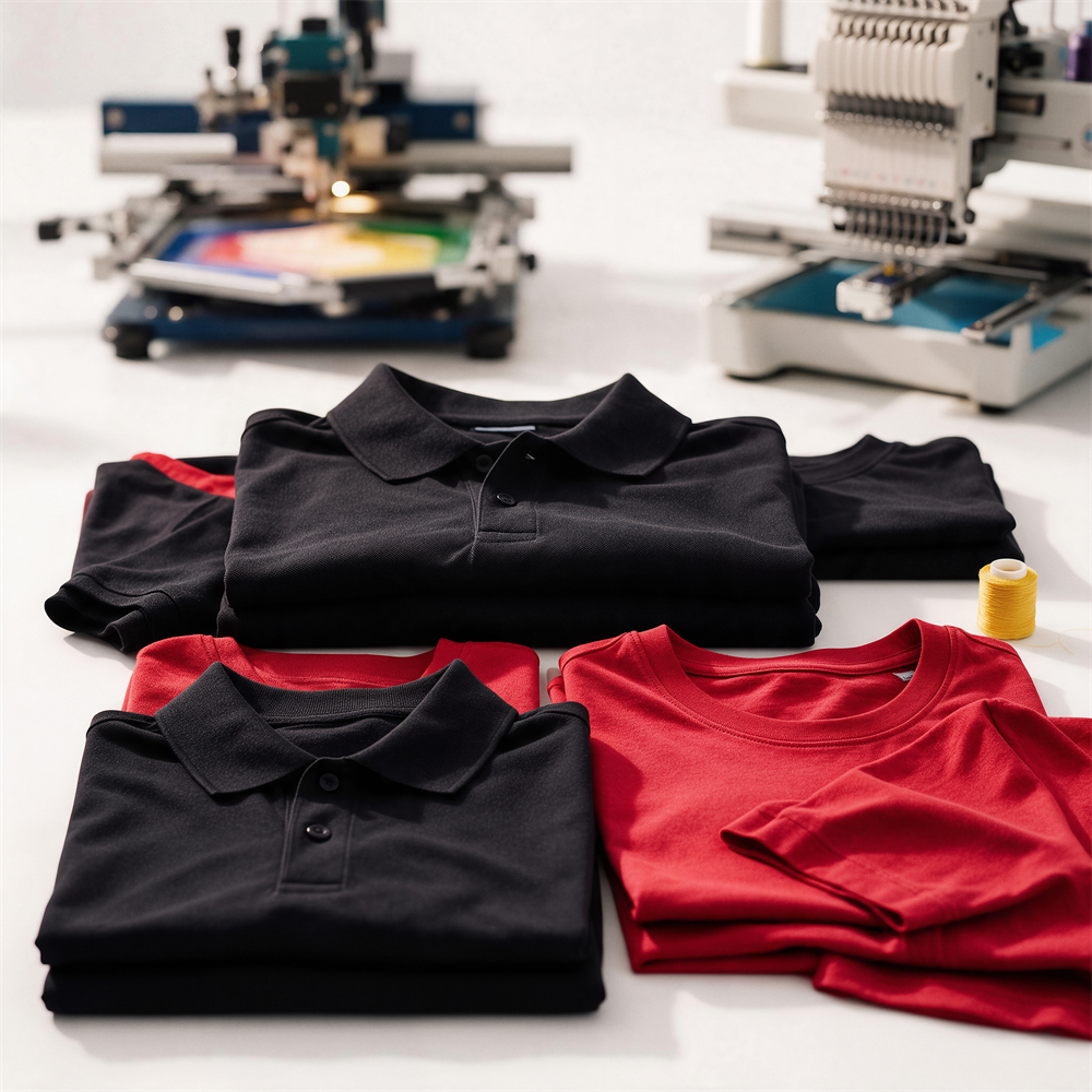 Folded black and red branded polo shirts and t-shirts with a screen printing press and embroidery machine in the background