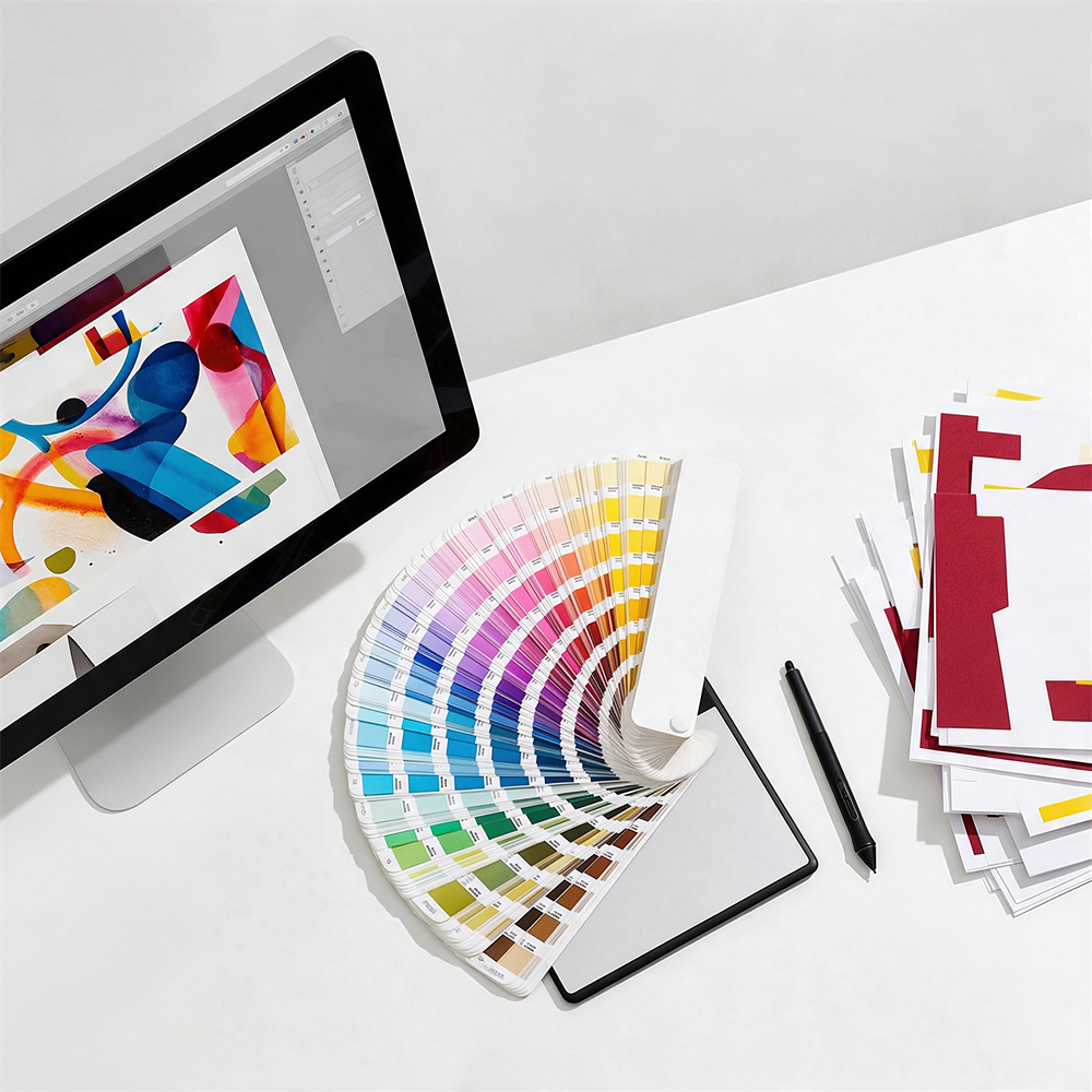 Designer desk shot from above with a monitor showing a print layout, Pantone swatches and a pen tablet, representing Impress design services