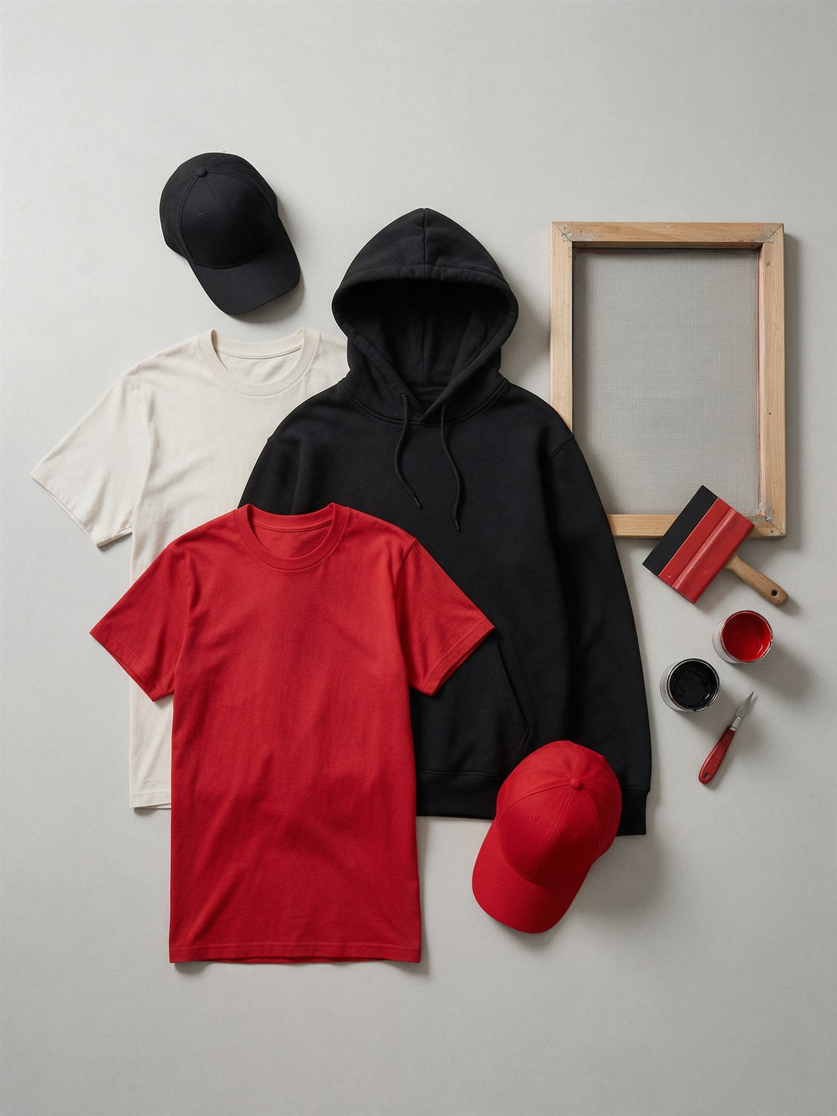 Branded t-shirts, a hoodie and caps in a flat-lay with screen printing tools, representing Impress branded apparel