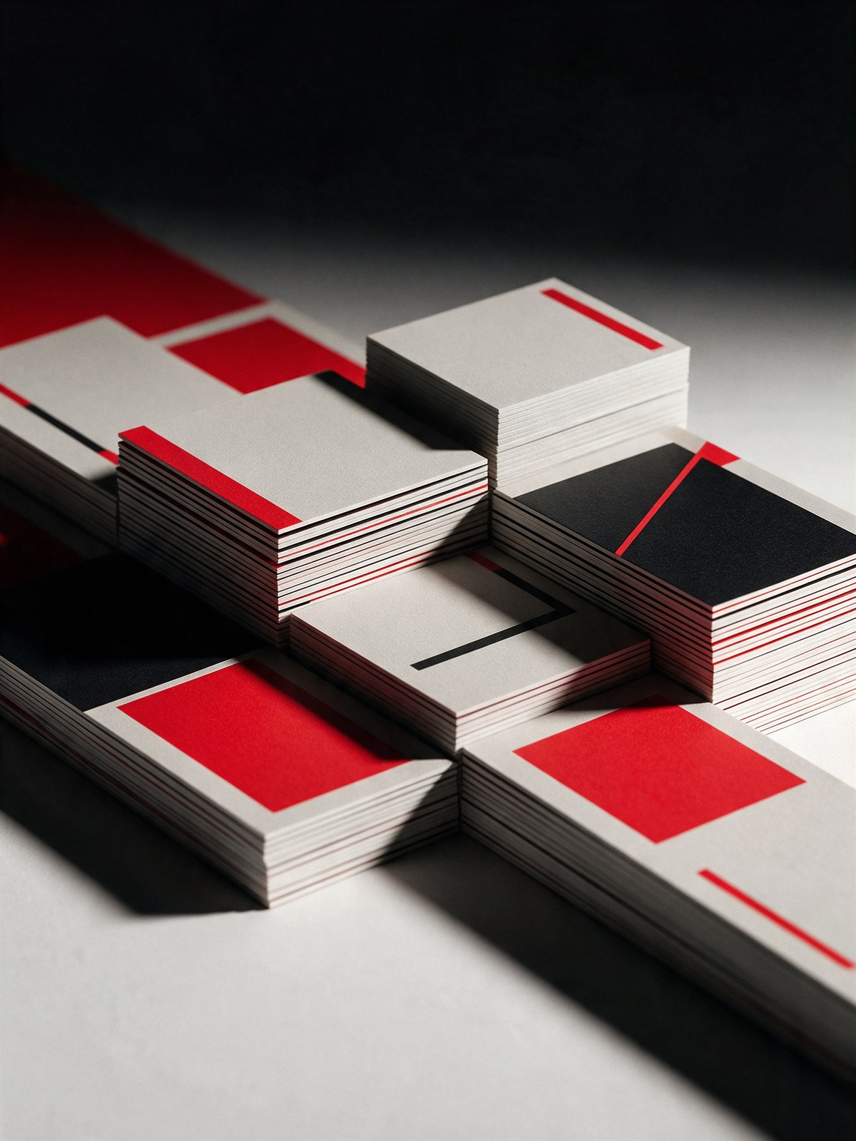 Bold geometric stack of premium business cards with red and black accents, representing Impress business cards and print essentials