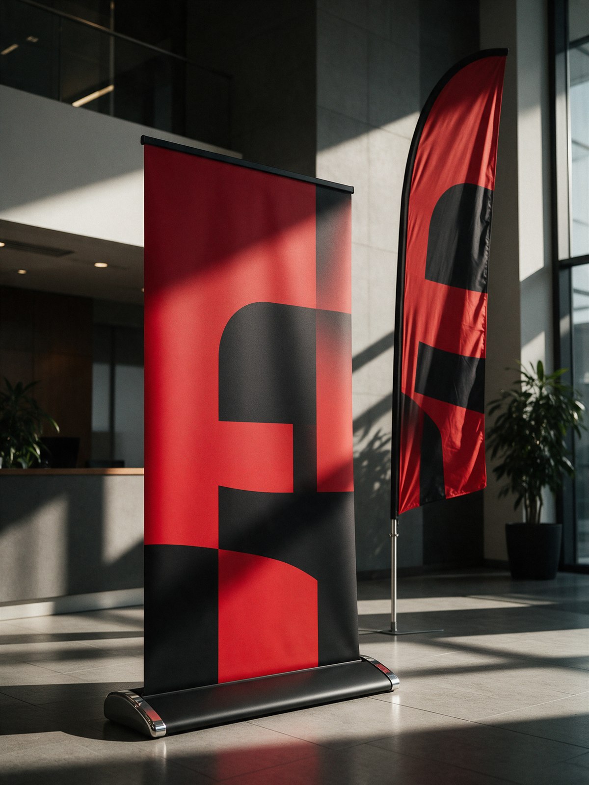 Large retractable banner stand and feather flag in a modern office lobby, representing Impress large-format printing and signage