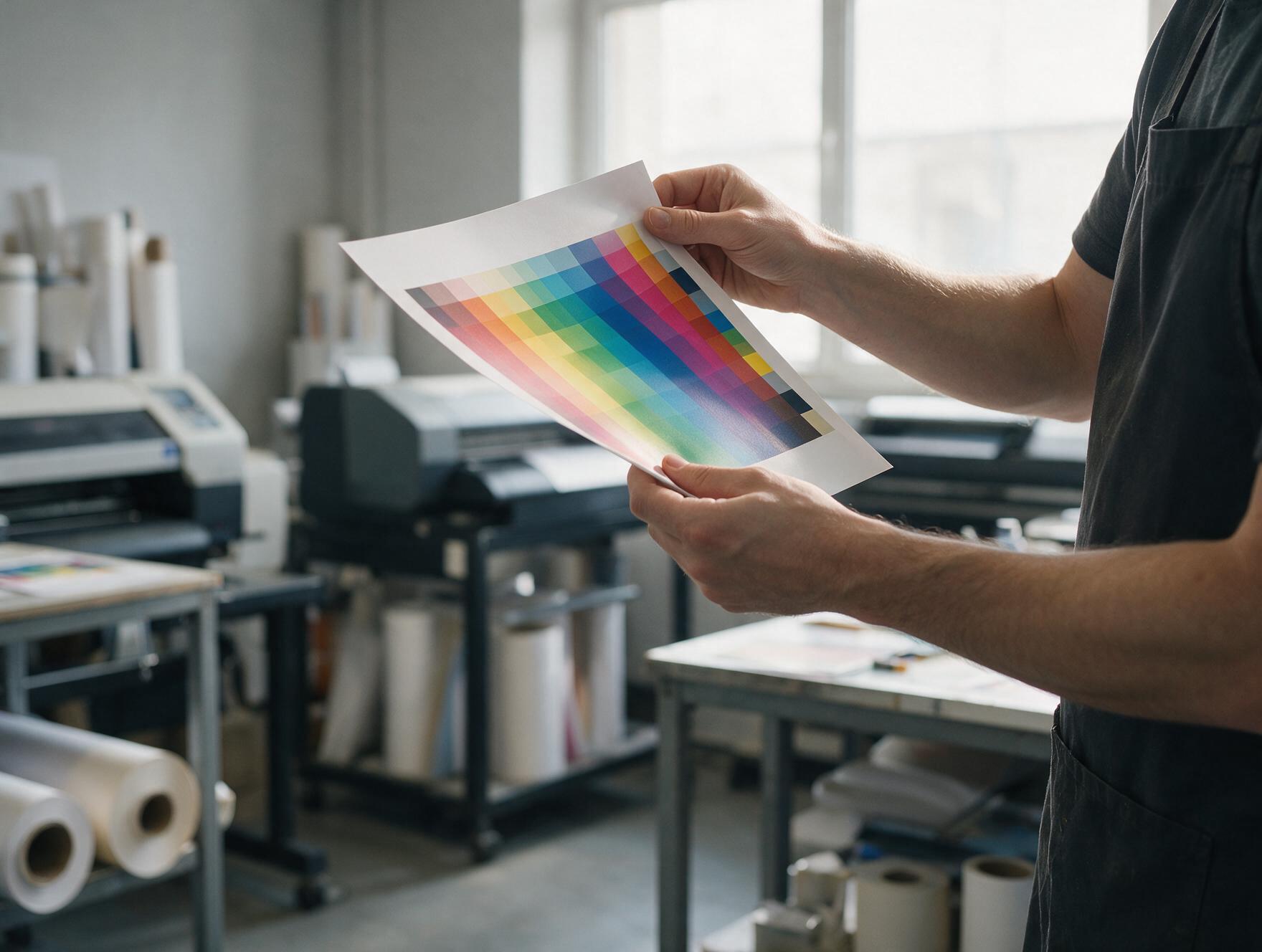 Prepress operator holding a printed proof sheet up to the light to check it