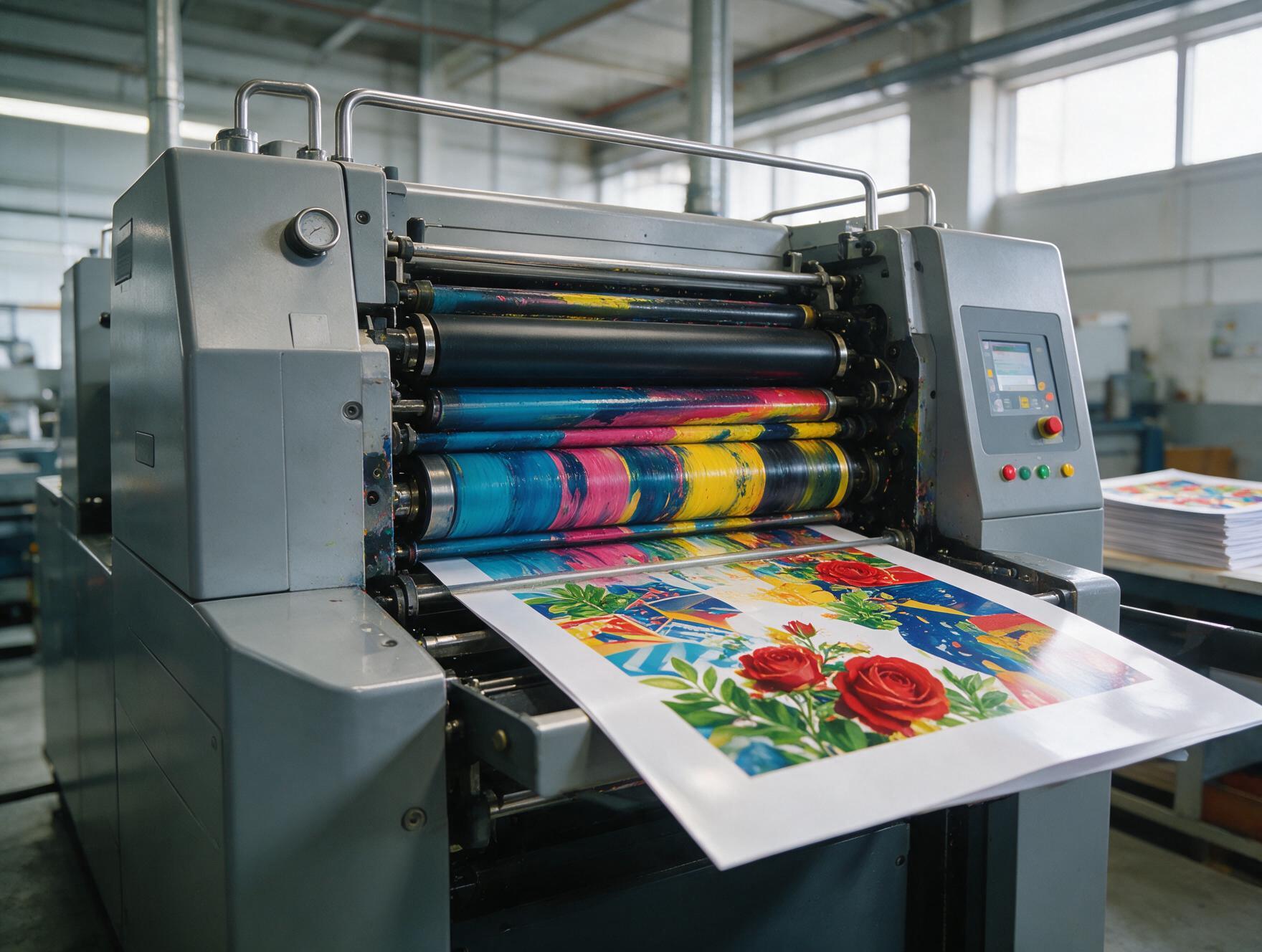 Full-colour offset press running a printed sheet on the Impress production floor