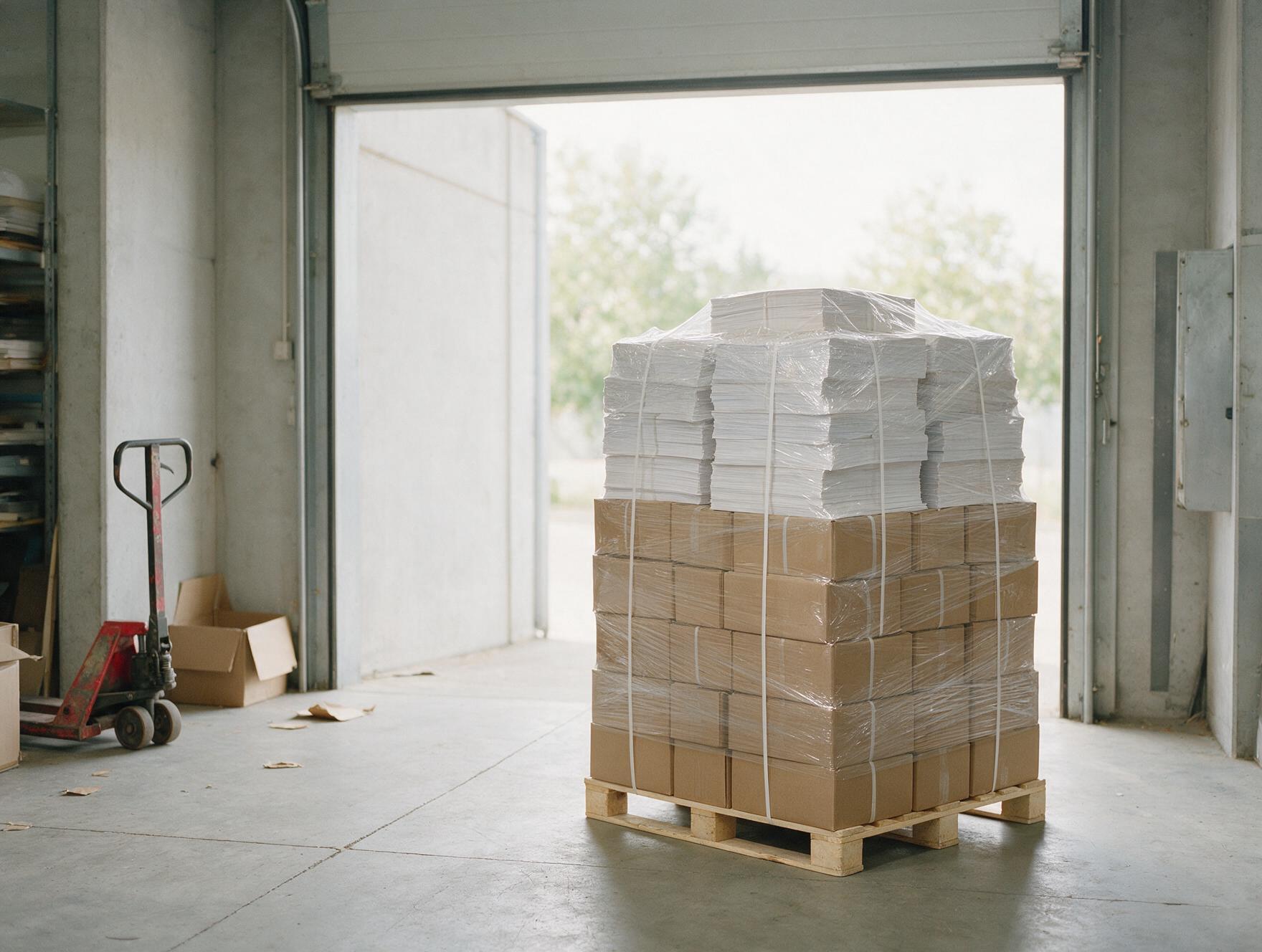 Boxed and shrink-wrapped print work stacked on a pallet at the loading bay
